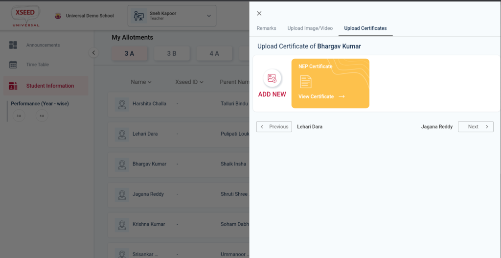 How to add certificates for specific students of your class in XSEED Universal