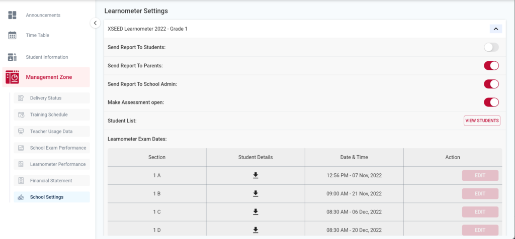 How to Use the School Settings section in XSEED Universal to manage the XSEED Learnometer test